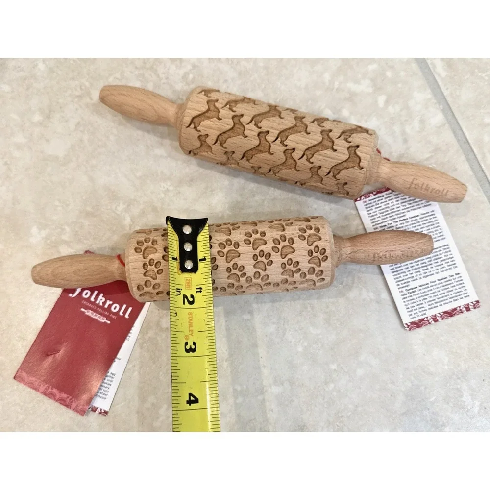 NWT 2 Folk Roll Beech Engraved Rolling Pins Dachshund Paw Prints Cookie Dough 9